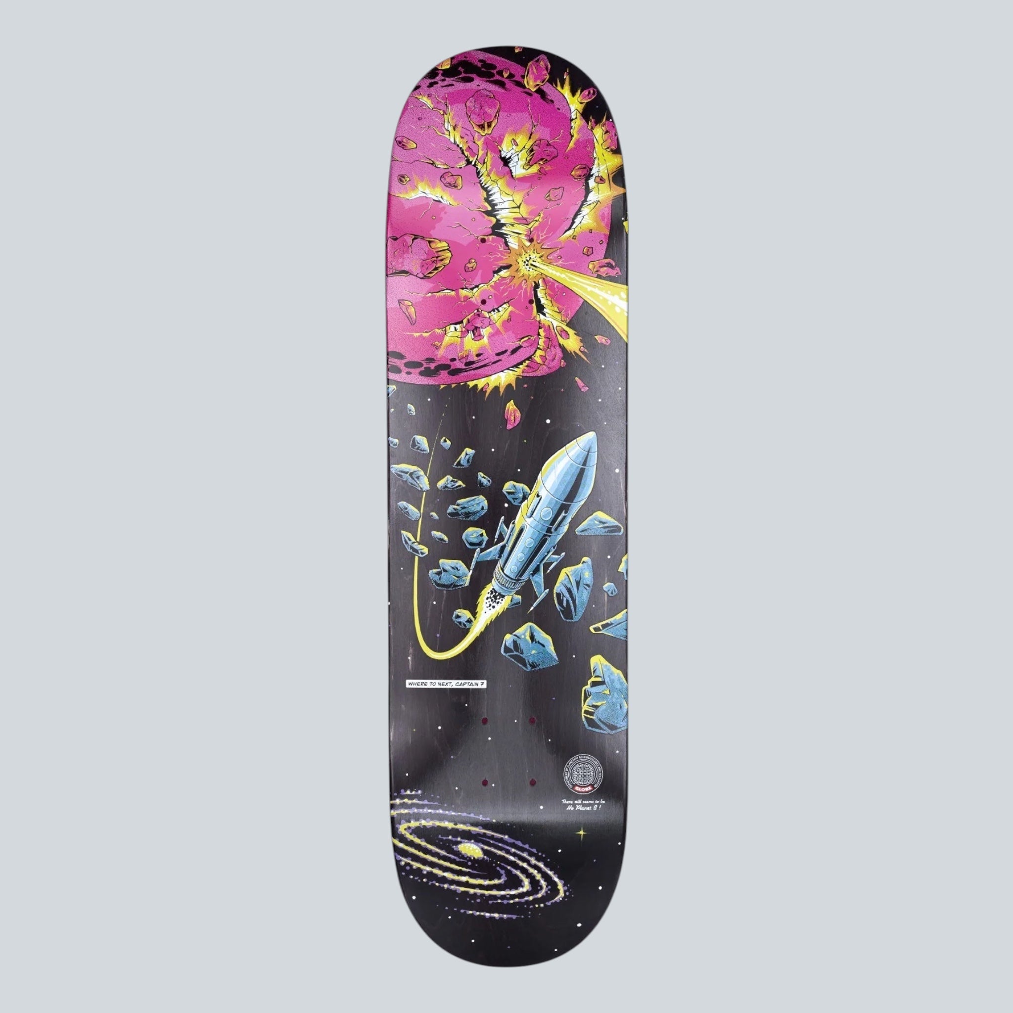 Skatewerkstatt Skateboard Deck mit Weltraum-Design: Rakete fliegt durch Asteroidenfeld, pinke Galaxie, Spiralgalaxie. Holz.