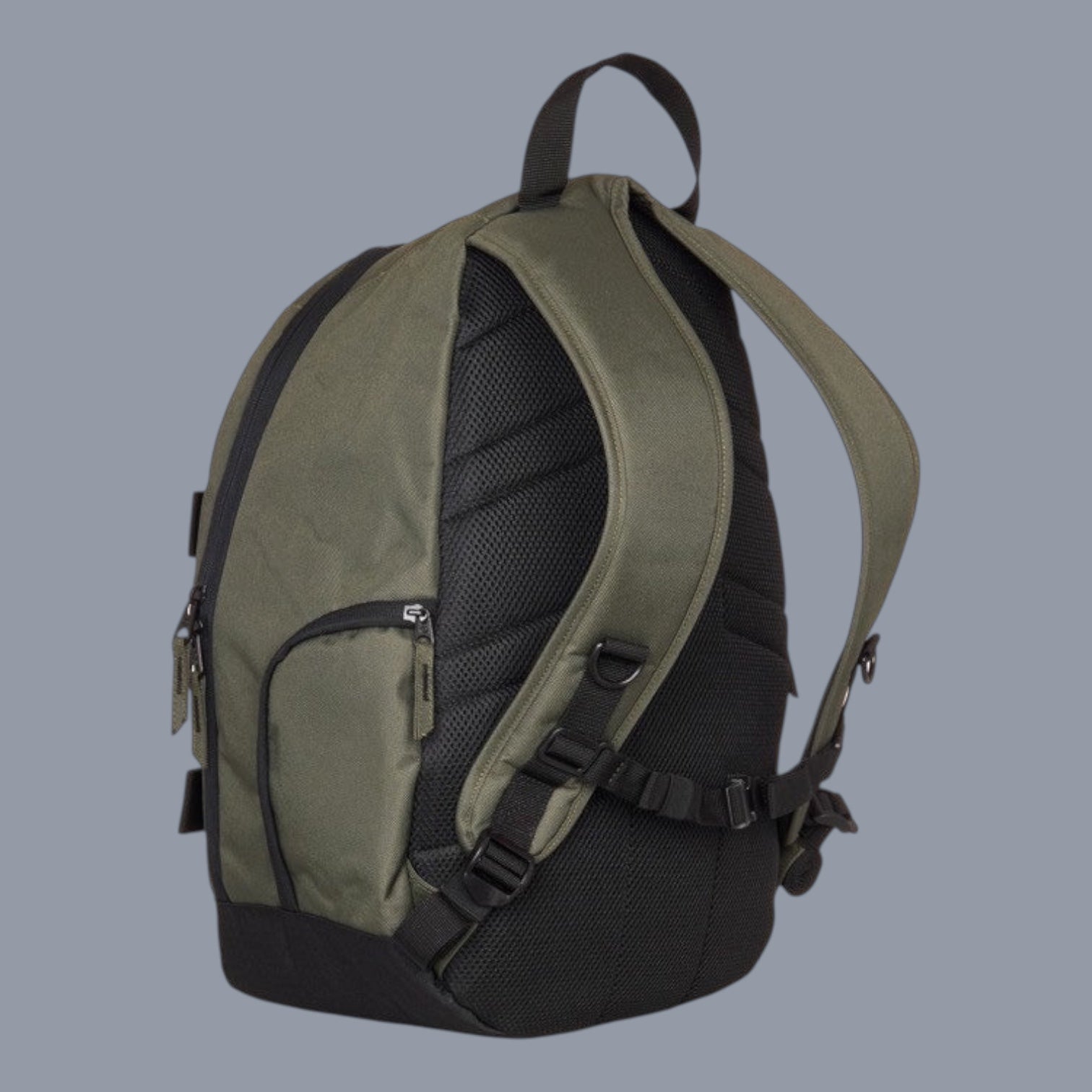 Element Rucksack in Olivgrün aus Polyester mit Skateboard-Gurten, Reißverschluss- und Seitentaschen für optimalen Tragekomfort.