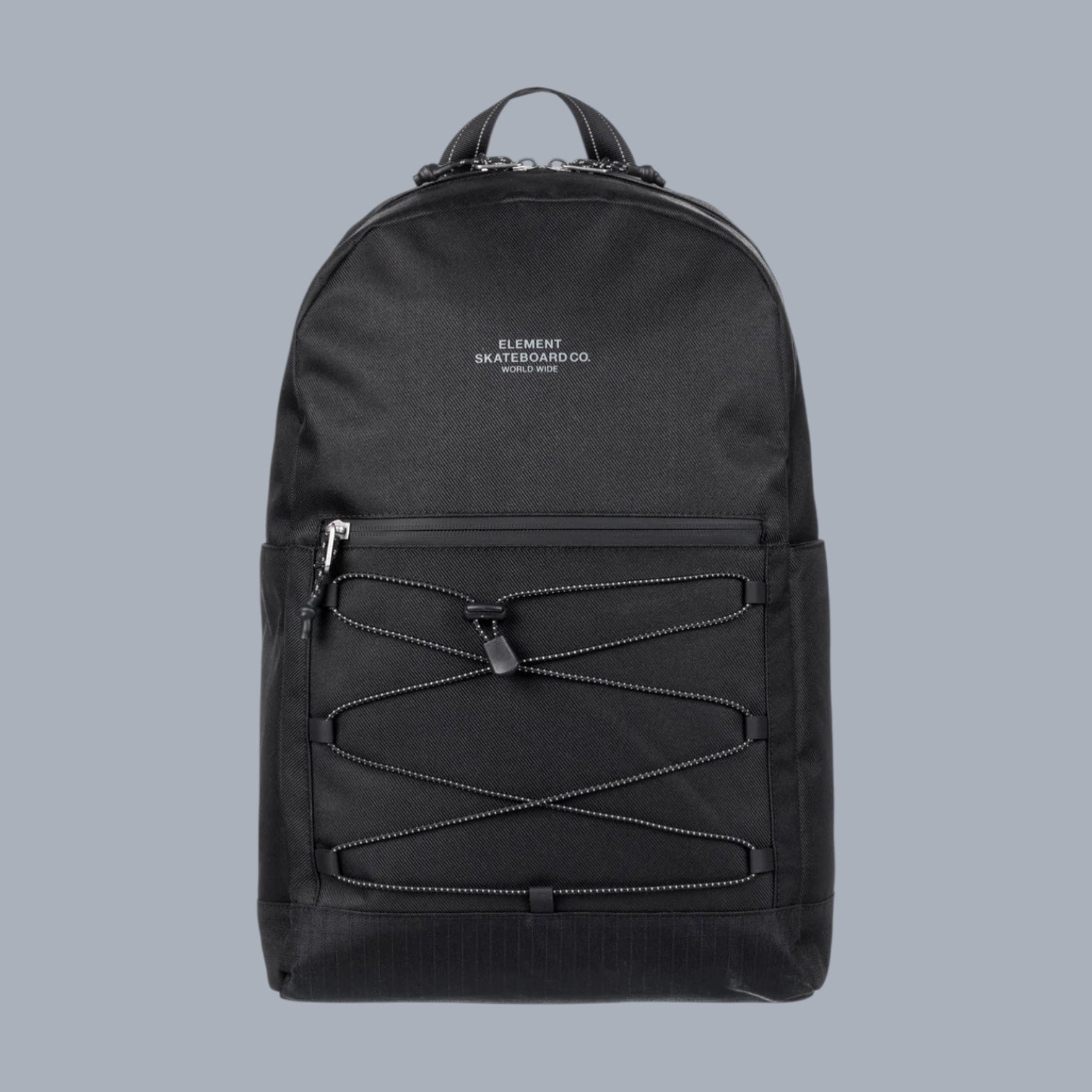Schwarzer Element Rucksack mit Schnürung, Laptopfach und Reißverschlusstasche. Strapazierfähiges Material.