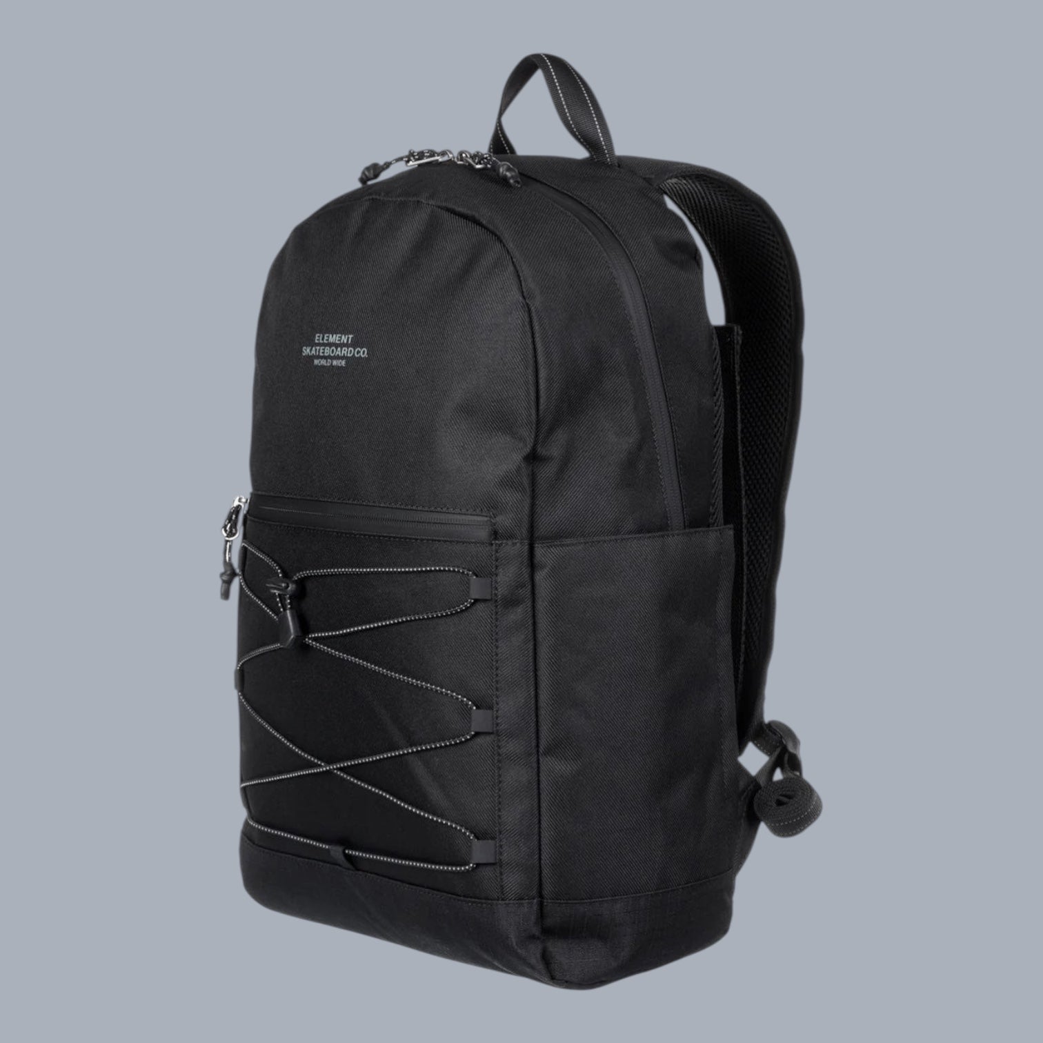 Schwarzer Element Rucksack mit Schnürung, Laptopfach und Seitentaschen. Strapazierfähiges Material, ideal für Alltag und Reise.