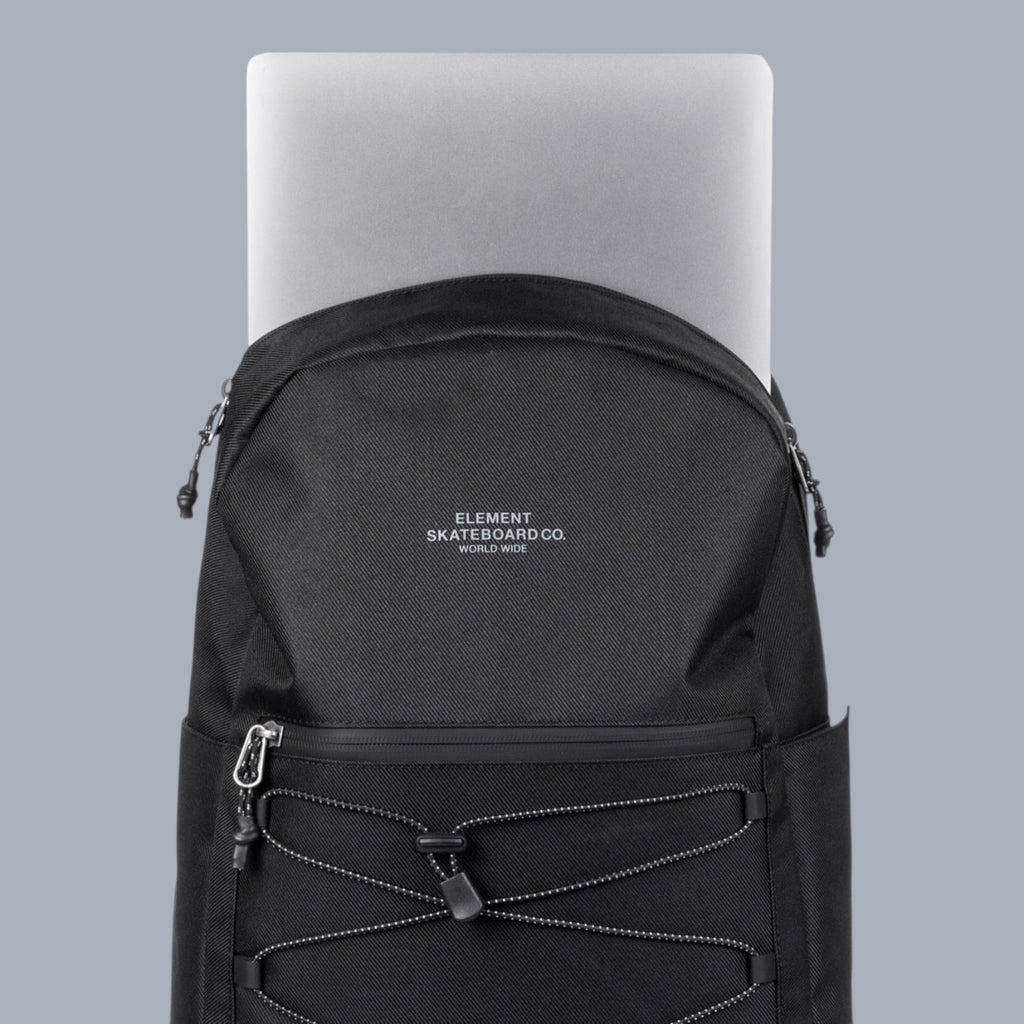 Schwarzer Element Rucksack mit Schnürung, Laptopfach und Reißverschlusstasche, ideal für Alltag und Reise.