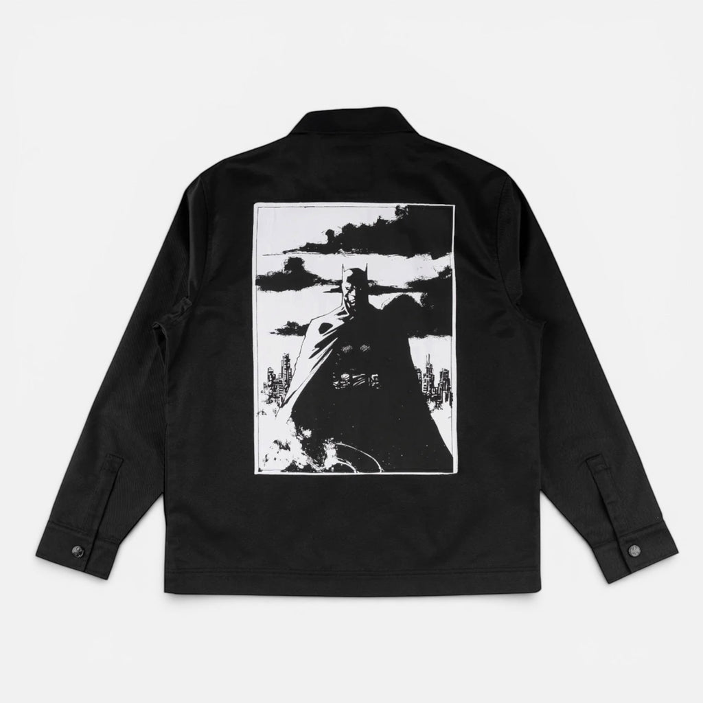 Welcome schwarze Batman Gotham Work Shirt Jacke mit Comic-Print auf dem Rücken, Größe