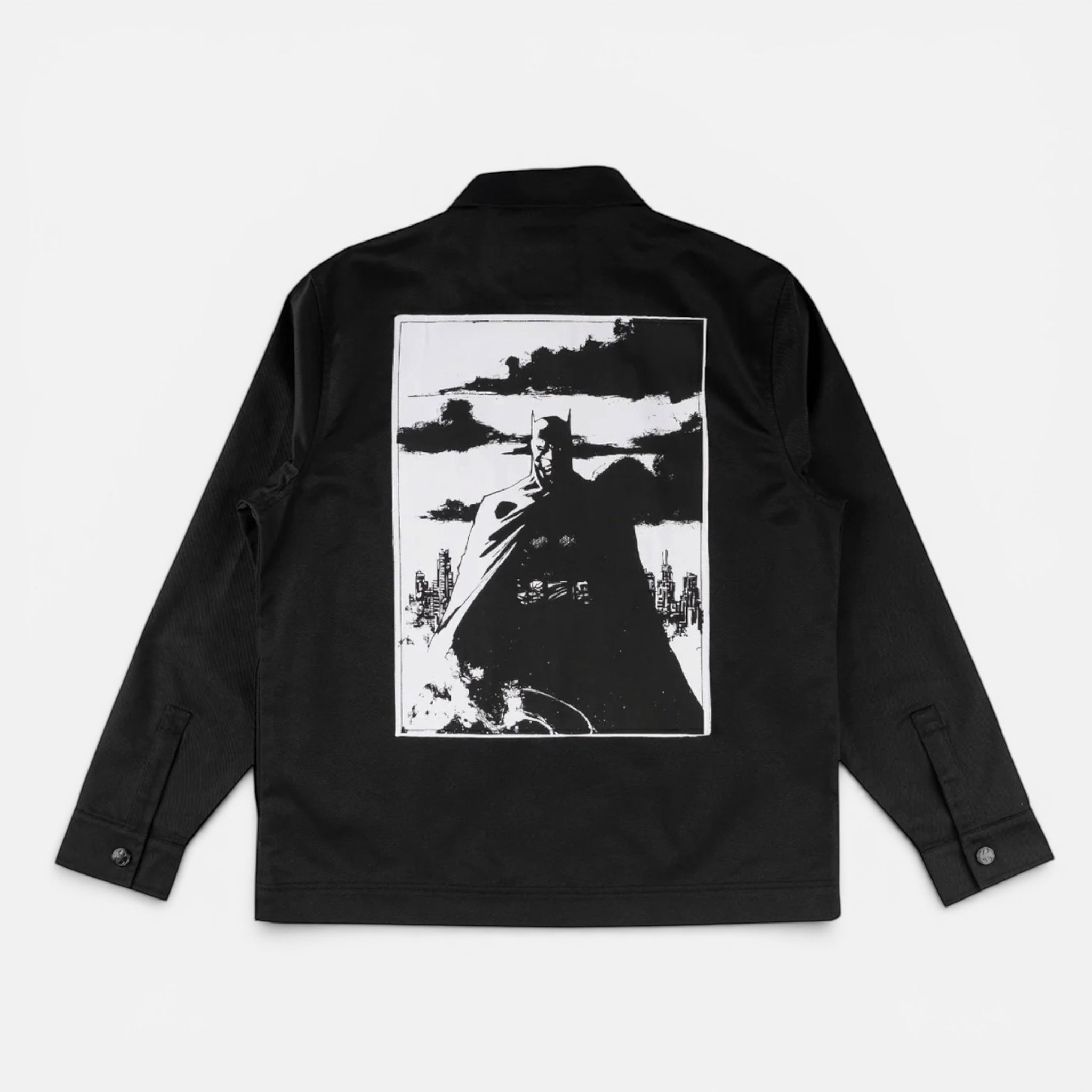 Welcome schwarze Batman Gotham Work Shirt Jacke mit Comic-Print auf dem Rücken, Größe