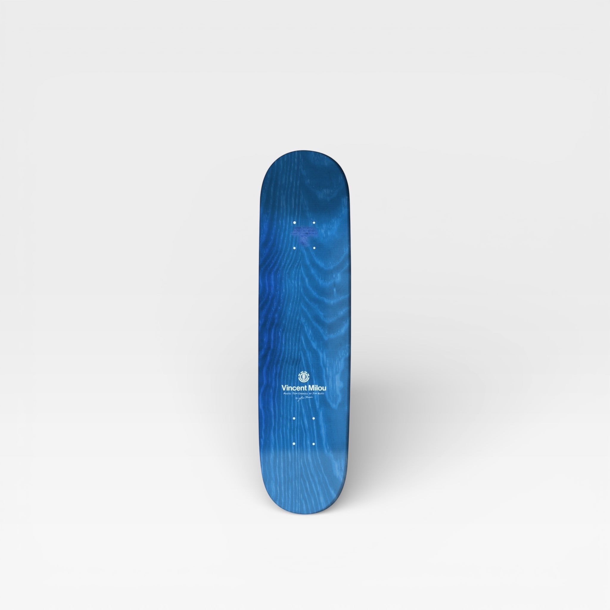 Element Line Up Vincent Milou Skateboard Deck 8.25 Zoll, blau mit Holzmaserung, Pro Shape, digitaler Druck.
