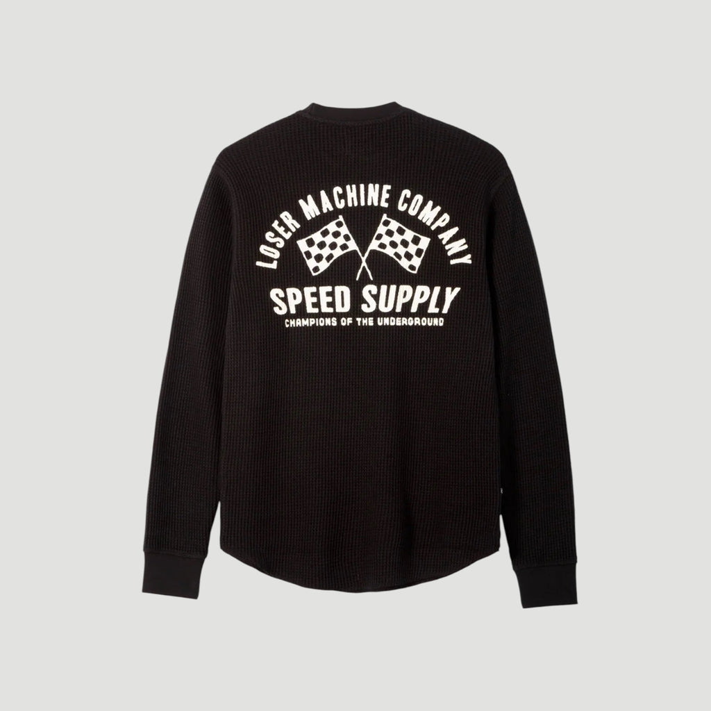 Loser Machine Company Speed Supply schwarzes Langarmshirt aus Waffelstrick mit Zielflaggen-Print auf dem Rücken.