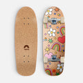 Skatewerkstatt MINI Tricks Complete Skateboard mit Korkoberfläche und buntem Regenbogen- und Blumenmuster auf der Unterseite.