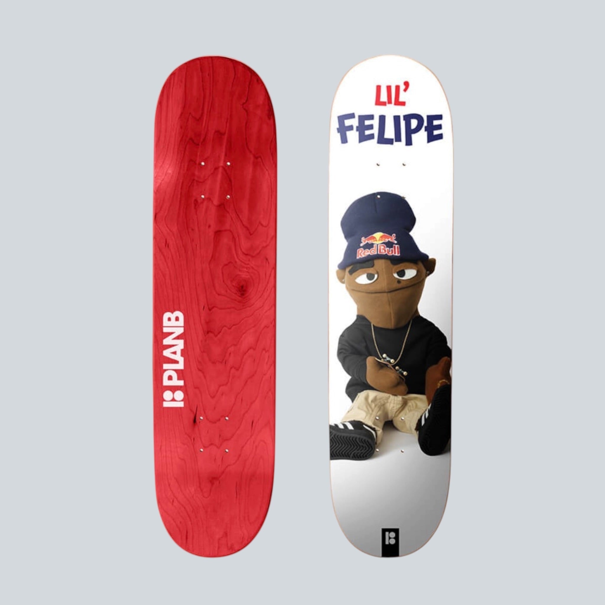 Skatewerkstatt: Plan B Lil' Felipe Skateboard Deck mit roter Rückseite und Hip-Hop-Charakter-Design auf der Vorderseite.
