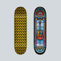 Sk8Mafia Stained Glass Sarmiento Skateboard Deck 7.75" mit Gitarrenmotiv und floralem Fensterdesign.