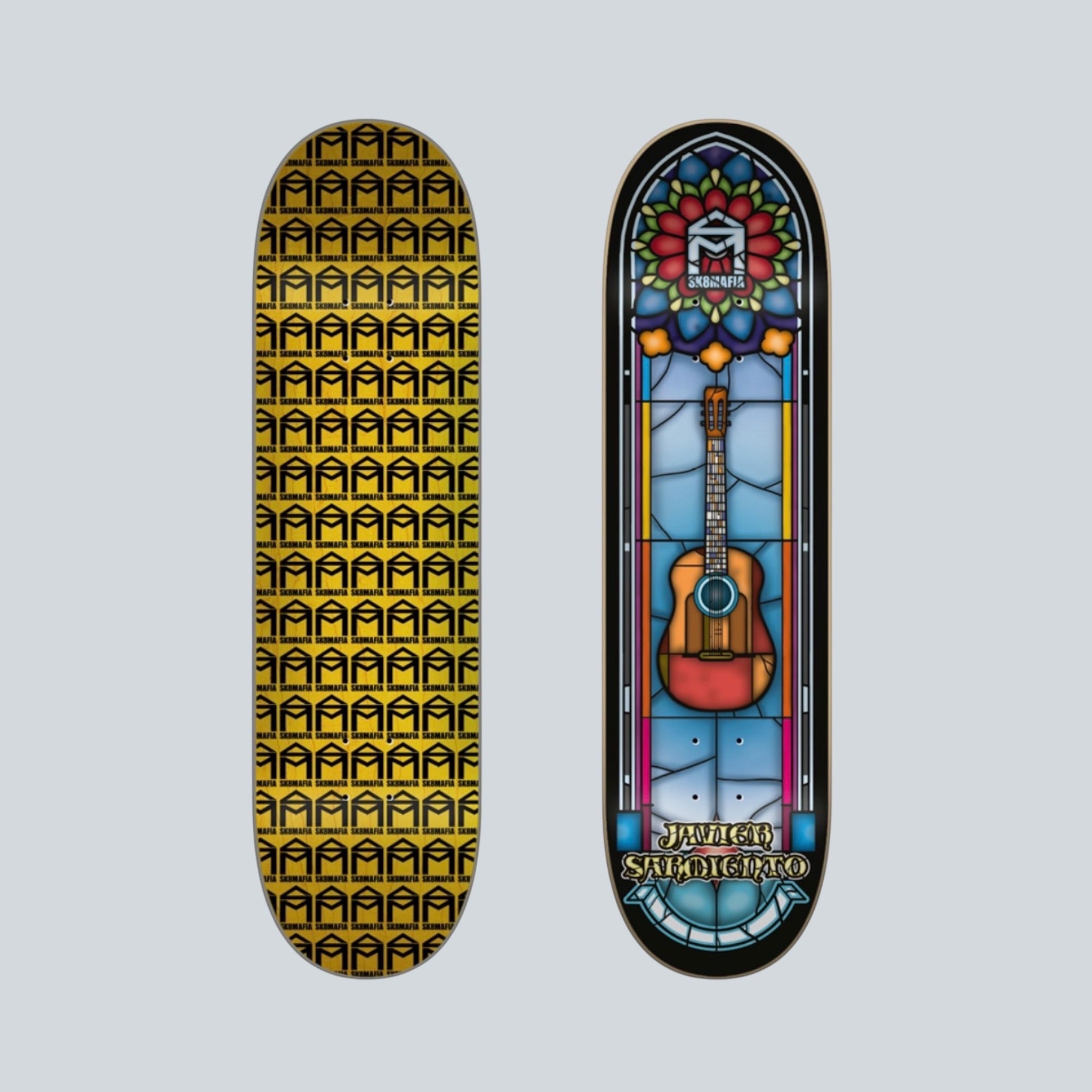 Sk8Mafia Stained Glass Sarmiento Skateboard Deck 7.75" mit Gitarrenmotiv und floralem Fensterdesign.